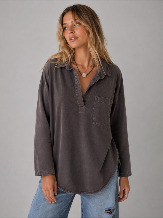 cloth & stone Tops - Cloth & Stone Brown Tencel Popover Blouse Long Sleeve Pocket Top Size Large